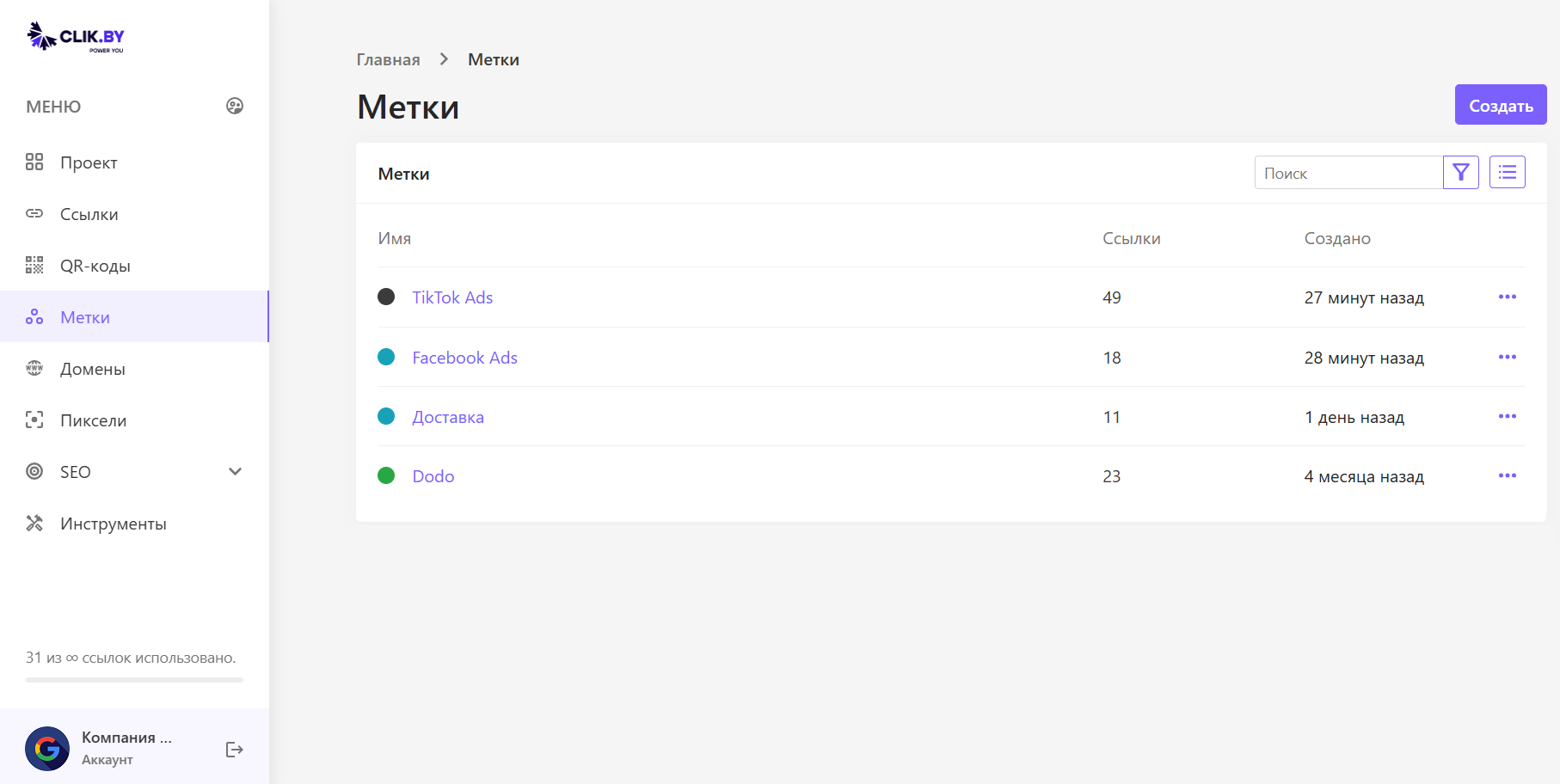 Интерфейс раздела Метки в ClikBy